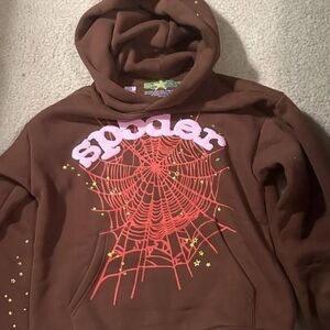 Brown Hoodie with Pink Spider Web Design